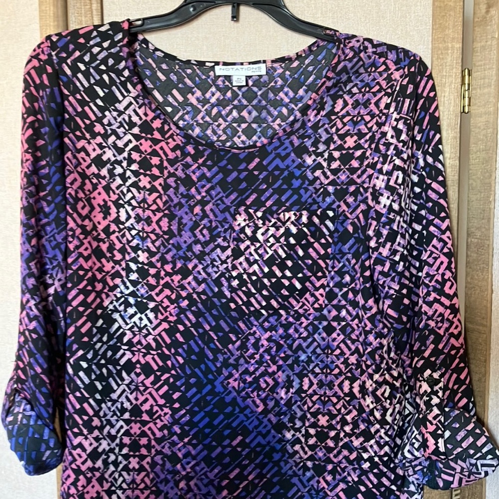 FINAL MARKDOWN Notations Blue and Pink 3/4 Sleeve Blouse with Round Neckline ps